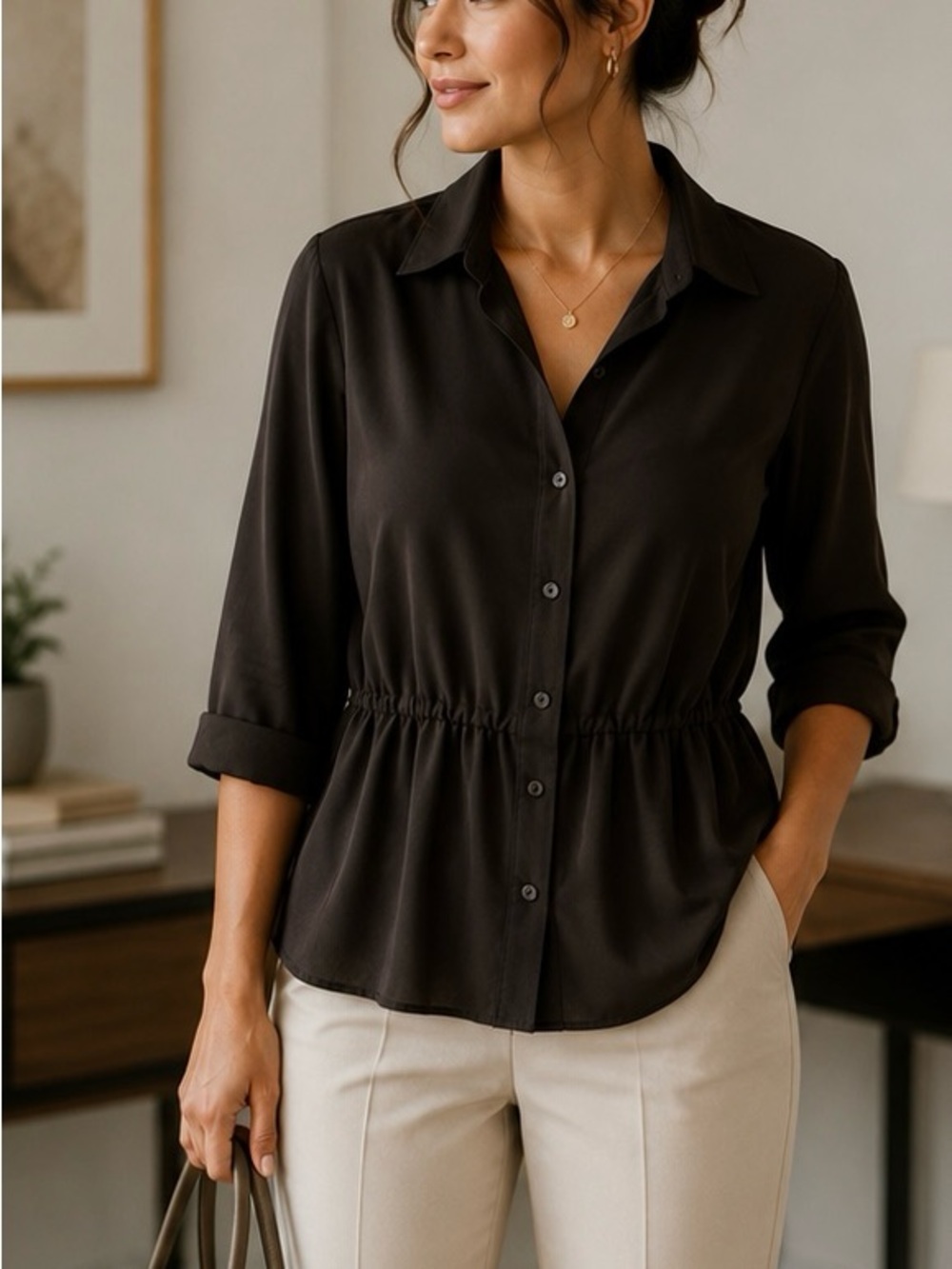 Le Château Chocolate Brown Ruched Blouse Oversized Lightweight Office Chic Top M